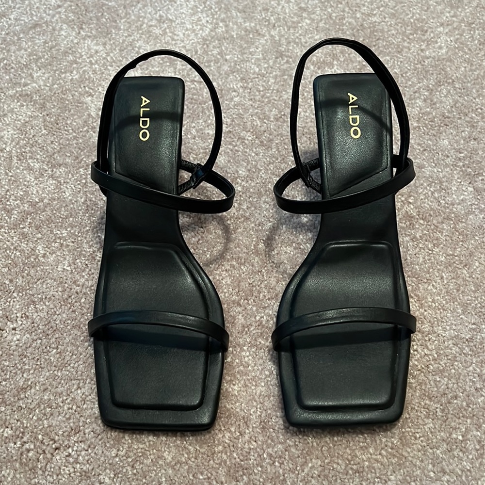 Aldo Lokurr Sandal Heel Black 8 Worn Once Square Toe Thin Block